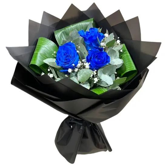 Ramo de 3 rosas azules con papel coreano y brillo